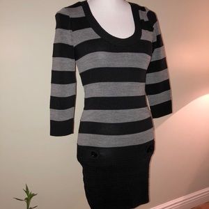 Black gray scoop neck stretchy sweater dress